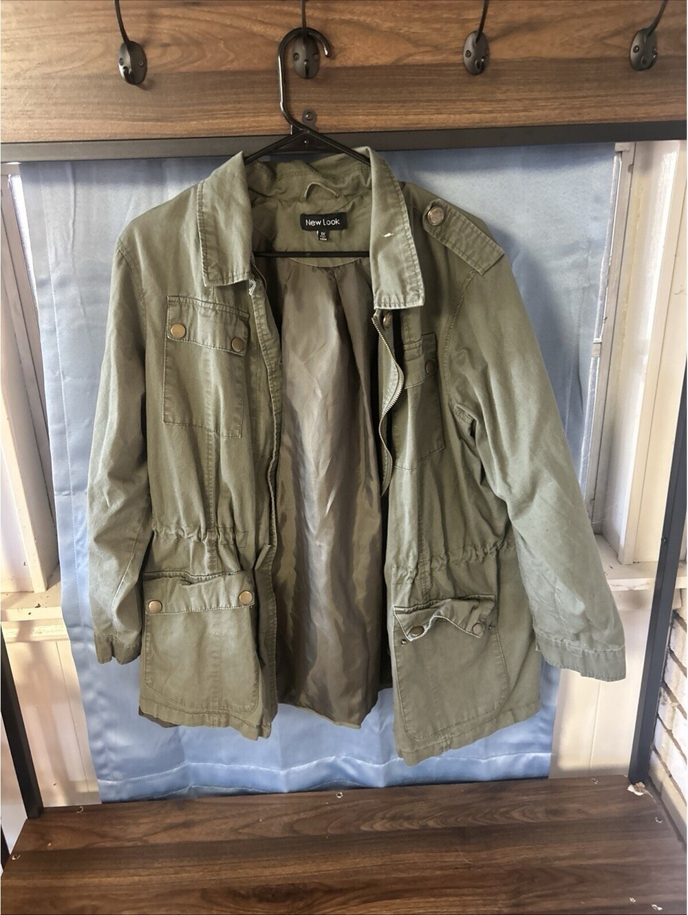 New Look Womens XL Olive Green Utility Field Jacket Hooded Drawstring Waist